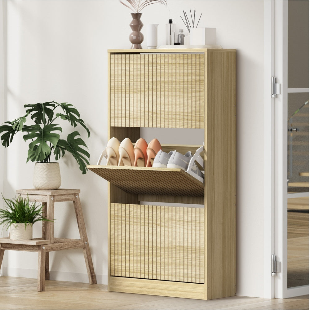 Oikiture Shoe Rack Storage Cabinet 3 Compartments Natural-Shoe Storage Cabinet-PEROZ Accessories