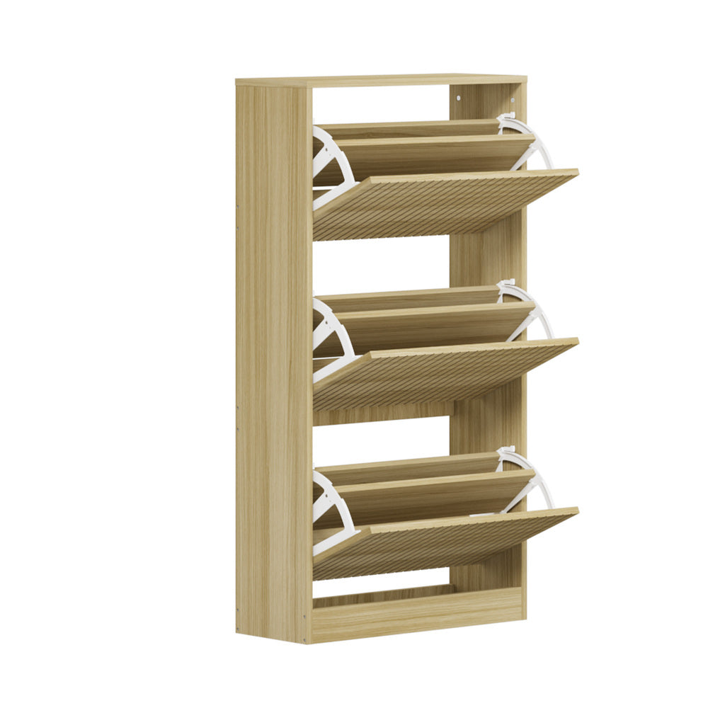 Oikiture Shoe Rack Storage Cabinet 3 Compartments Natural-Shoe Storage Cabinet-PEROZ Accessories