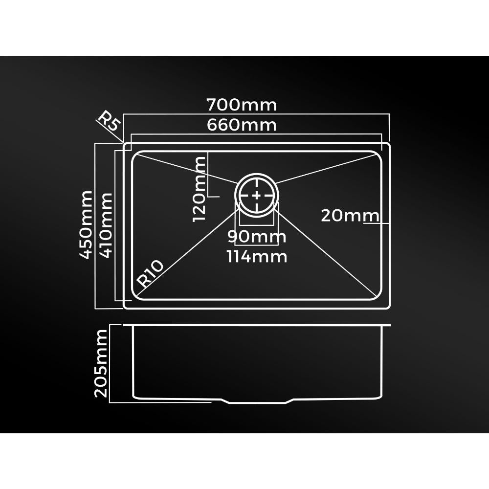 Welba 70X45CM Stainless Steel Sink Single Bowl with Waste Black-Stainless Steel Sink-PEROZ Accessories