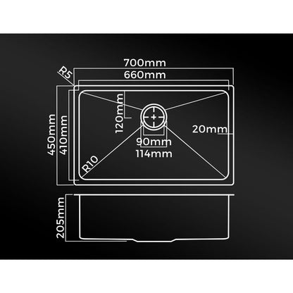 Welba 70X45CM Stainless Steel Sink Single Bowl with Waste Black-Stainless Steel Sink-PEROZ Accessories