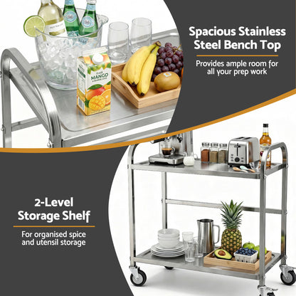 Cefito 2-Tier Stainless Steel Kitchen Trolley with Wheels 84x56x98cm-Furniture > Dining > Kitchen Sinks-PEROZ Accessories