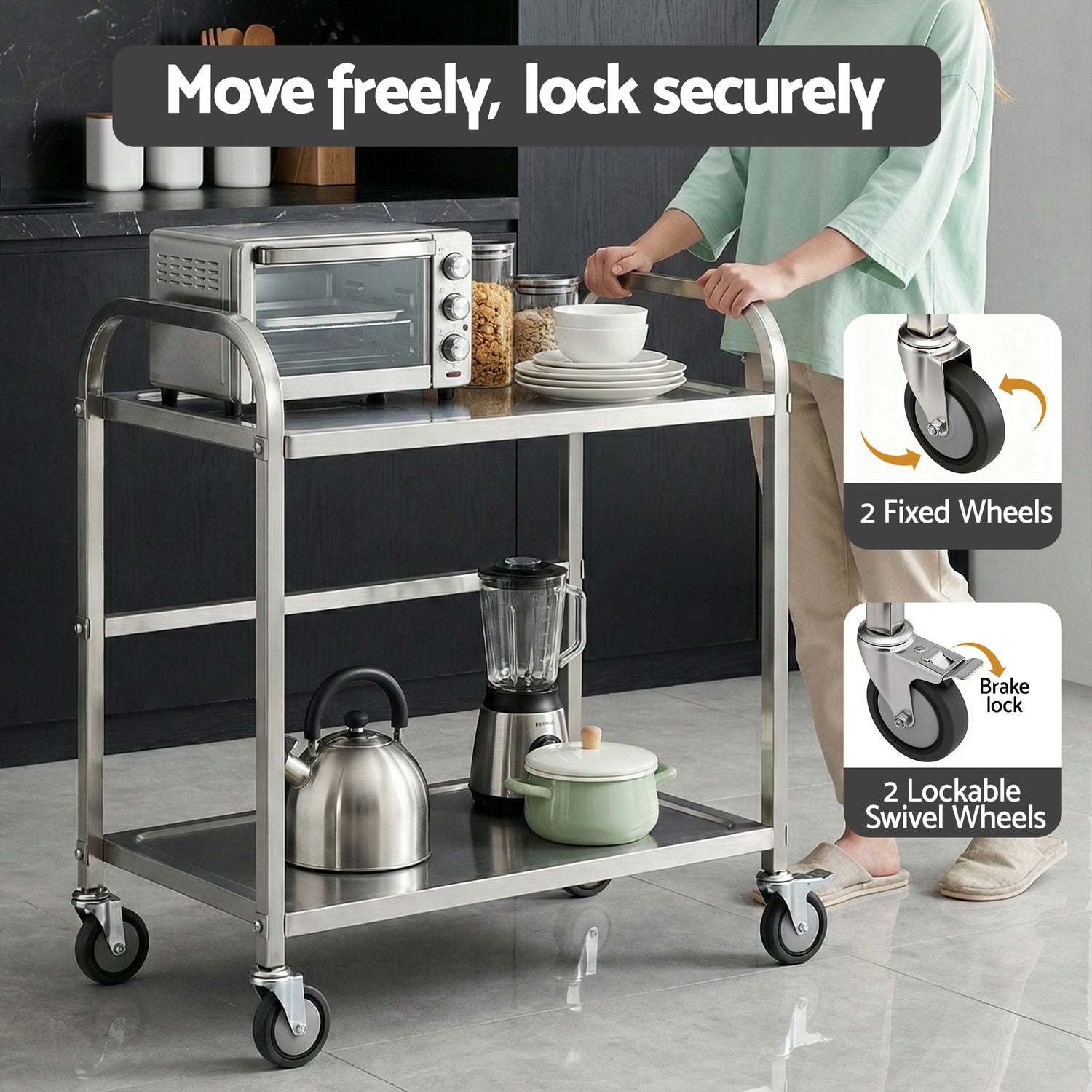 Cefito 2-Tier Stainless Steel Kitchen Trolley with Wheels 84x56x98cm-Furniture > Dining > Kitchen Sinks-PEROZ Accessories