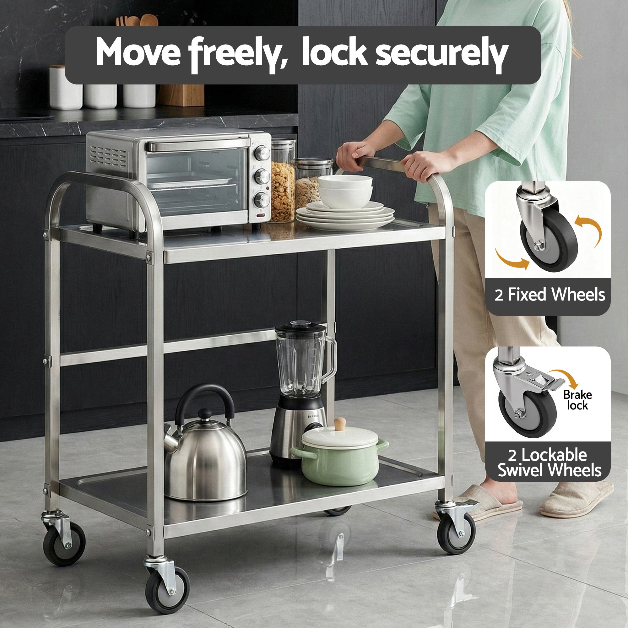 Cefito 2-Tier Stainless Steel Kitchen Trolley with Wheels 84x56x98cm-Furniture > Dining > Kitchen Sinks-PEROZ Accessories