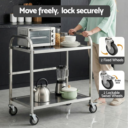 Cefito 2-Tier Stainless Steel Kitchen Trolley with Wheels 84x56x98cm-Furniture > Dining > Kitchen Sinks-PEROZ Accessories
