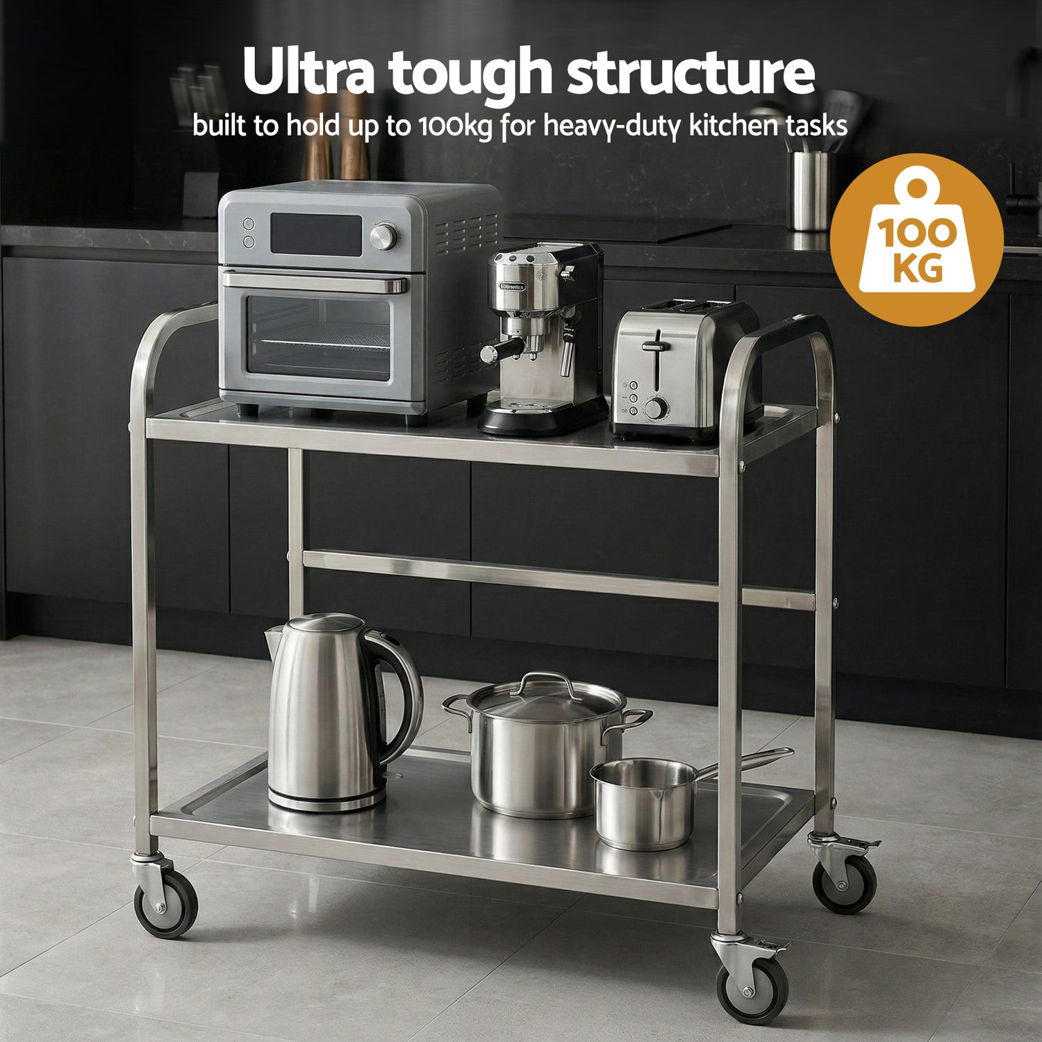 Cefito 2-Tier Stainless Steel Kitchen Trolley with Wheels 84x56x98cm-Furniture > Dining > Kitchen Sinks-PEROZ Accessories