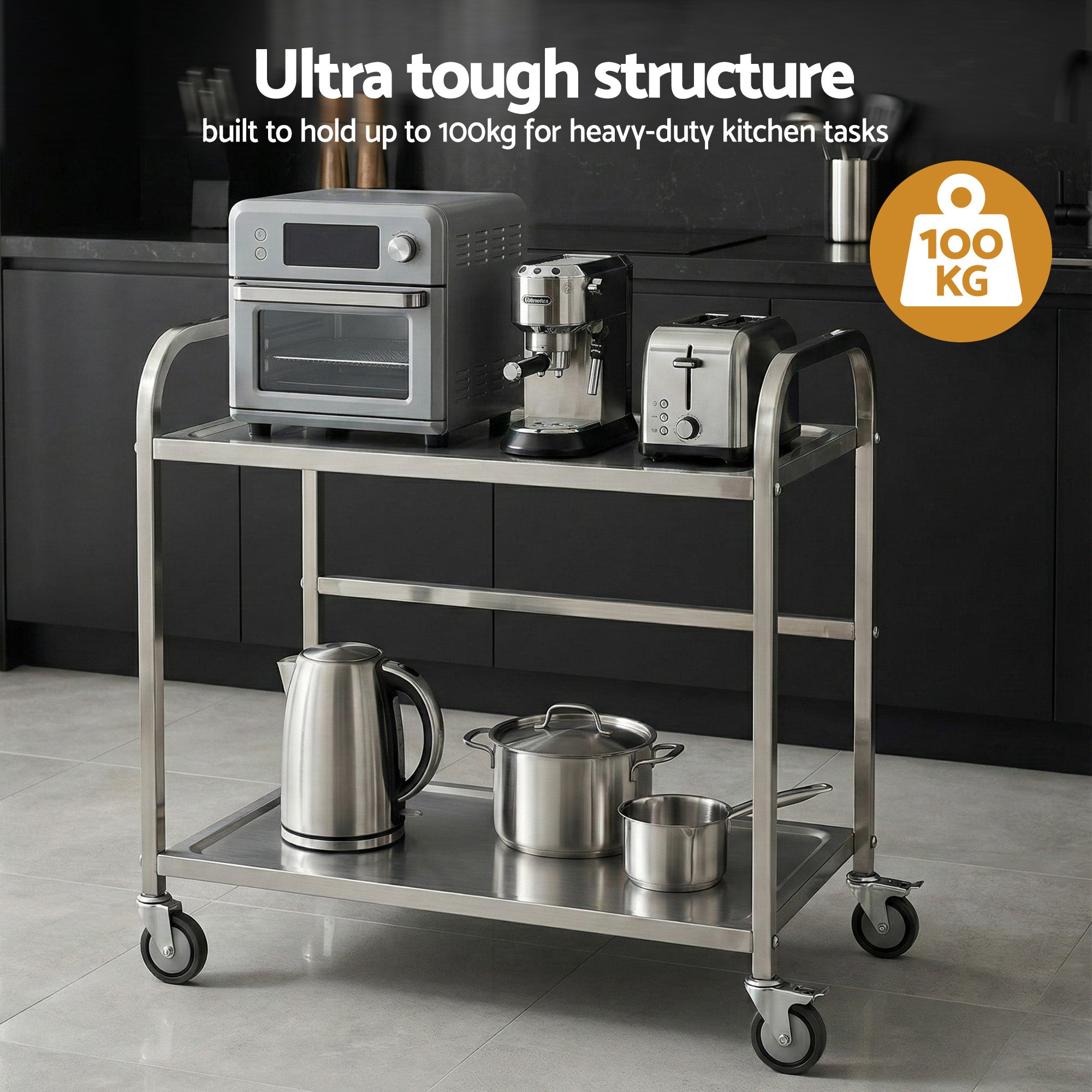 Cefito 2-Tier Stainless Steel Kitchen Trolley with Wheels 84x56x98cm-Furniture > Dining > Kitchen Sinks-PEROZ Accessories