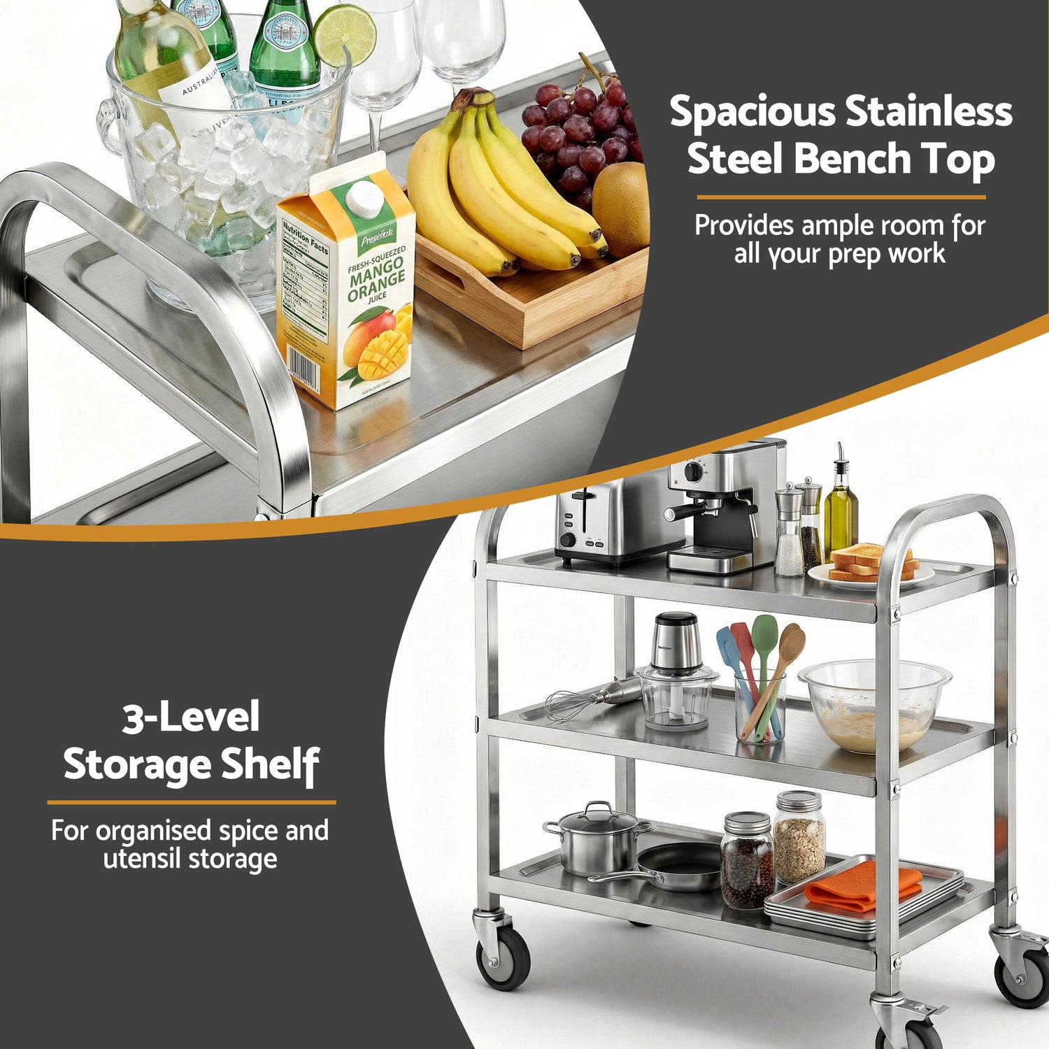 Cefito 3-Tier Stainless Steel Kitchen Trolley with Wheels 89X50X83cm-Furniture > Dining > Kitchen Sinks-PEROZ Accessories