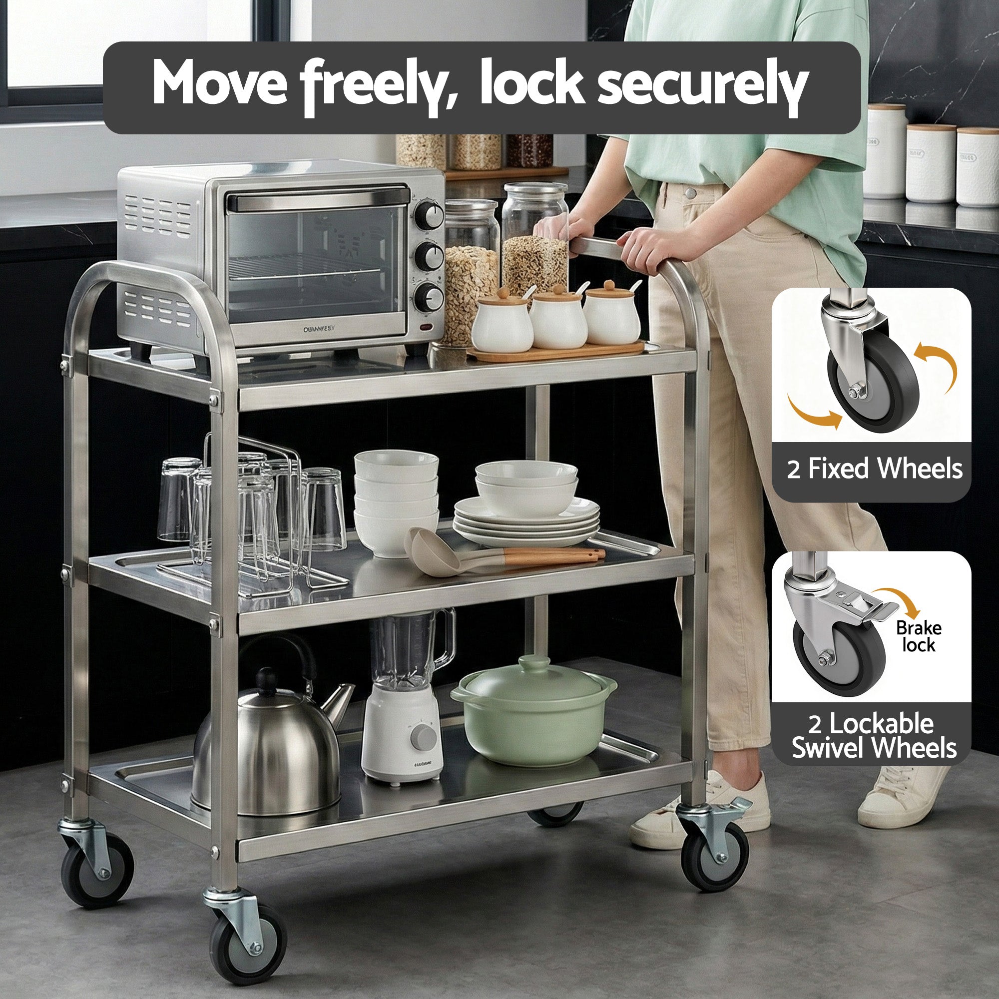 Cefito 3-Tier Stainless Steel Kitchen Trolley with Wheels 89X50X83cm-Furniture > Dining > Kitchen Sinks-PEROZ Accessories