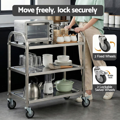 Cefito 3-Tier Stainless Steel Kitchen Trolley with Wheels 89X50X83cm-Furniture > Dining > Kitchen Sinks-PEROZ Accessories