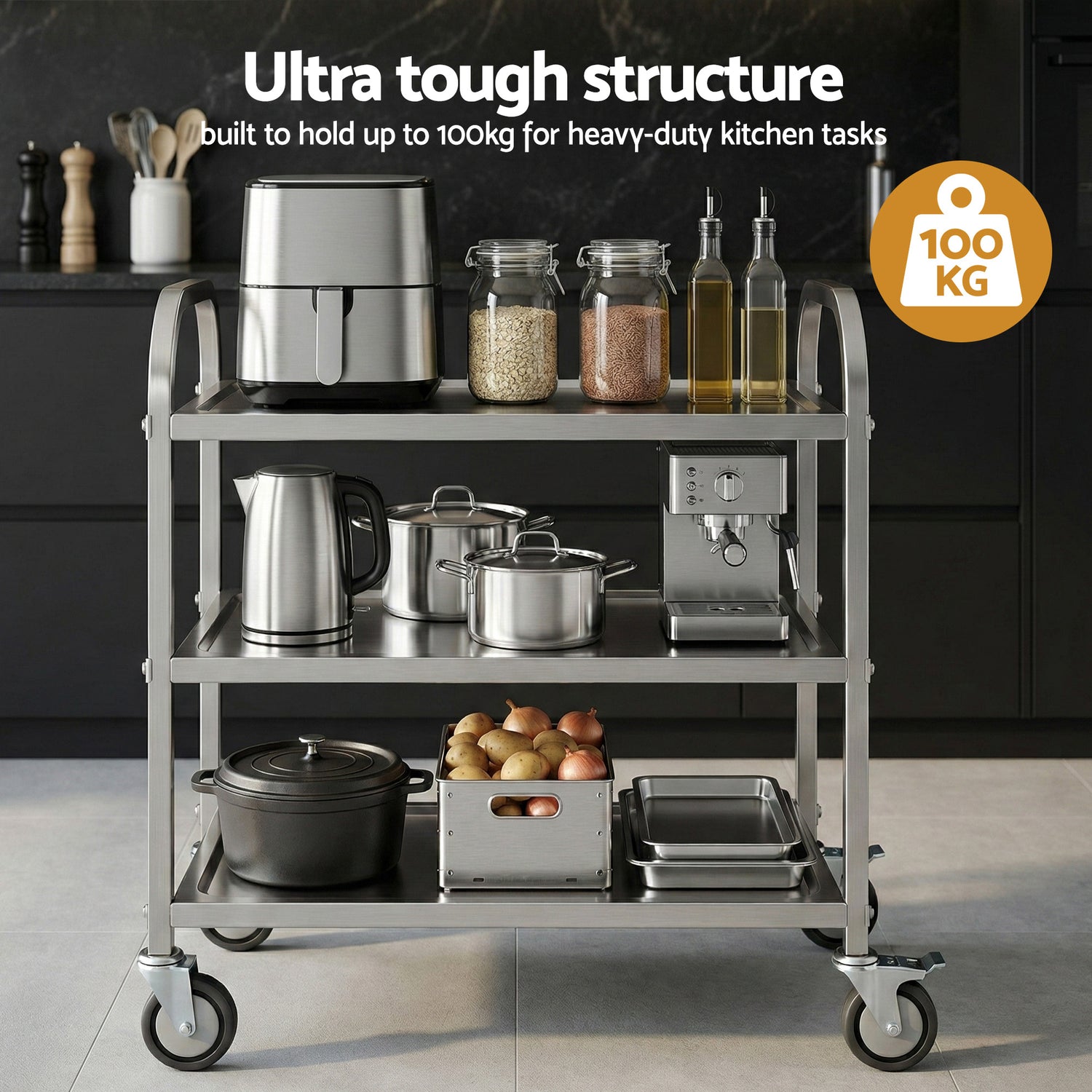 Cefito 3-Tier Stainless Steel Kitchen Trolley with Wheels 89X50X83cm-Furniture > Dining > Kitchen Sinks-PEROZ Accessories