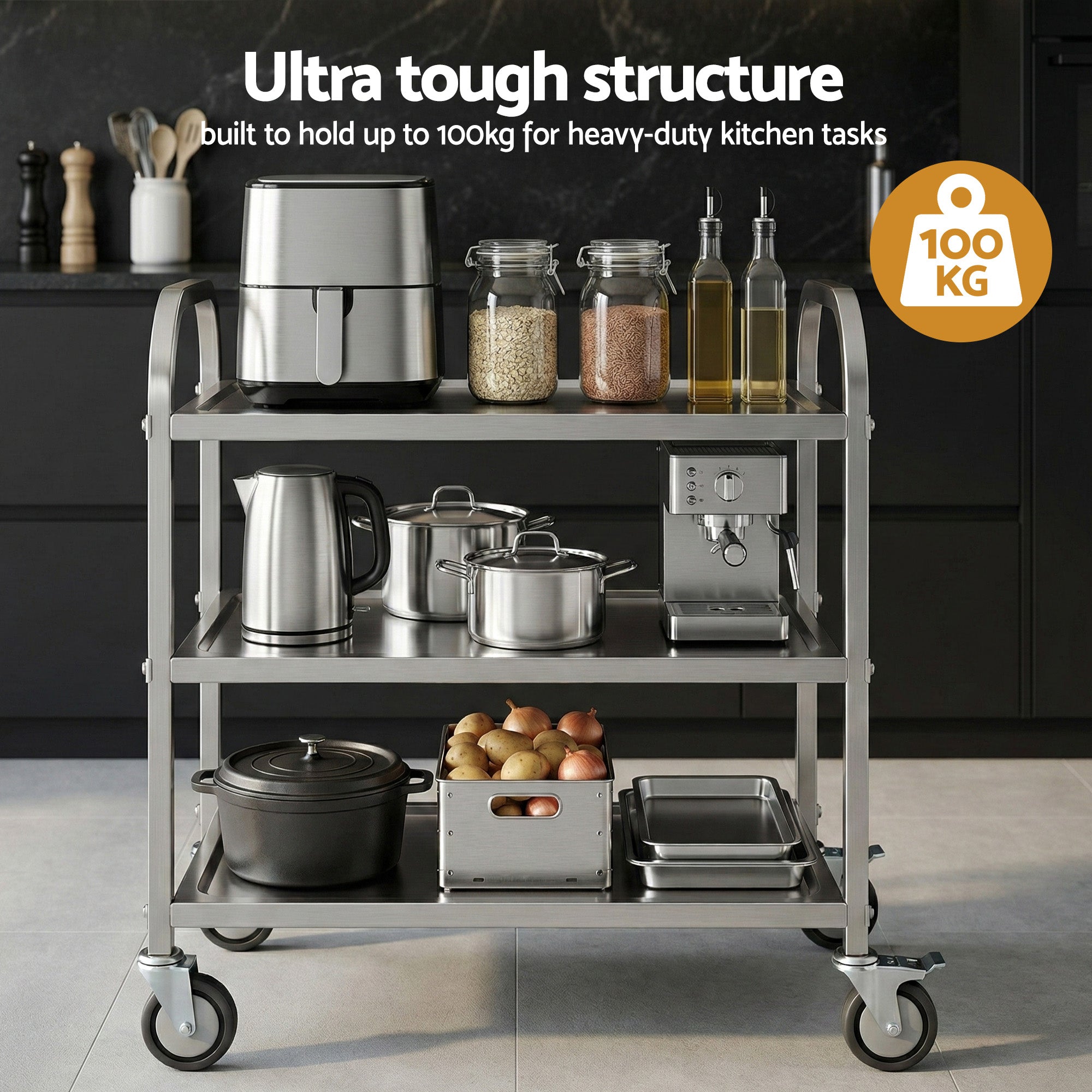 Cefito 3-Tier Stainless Steel Kitchen Trolley with Wheels 89X50X83cm-Furniture > Dining > Kitchen Sinks-PEROZ Accessories