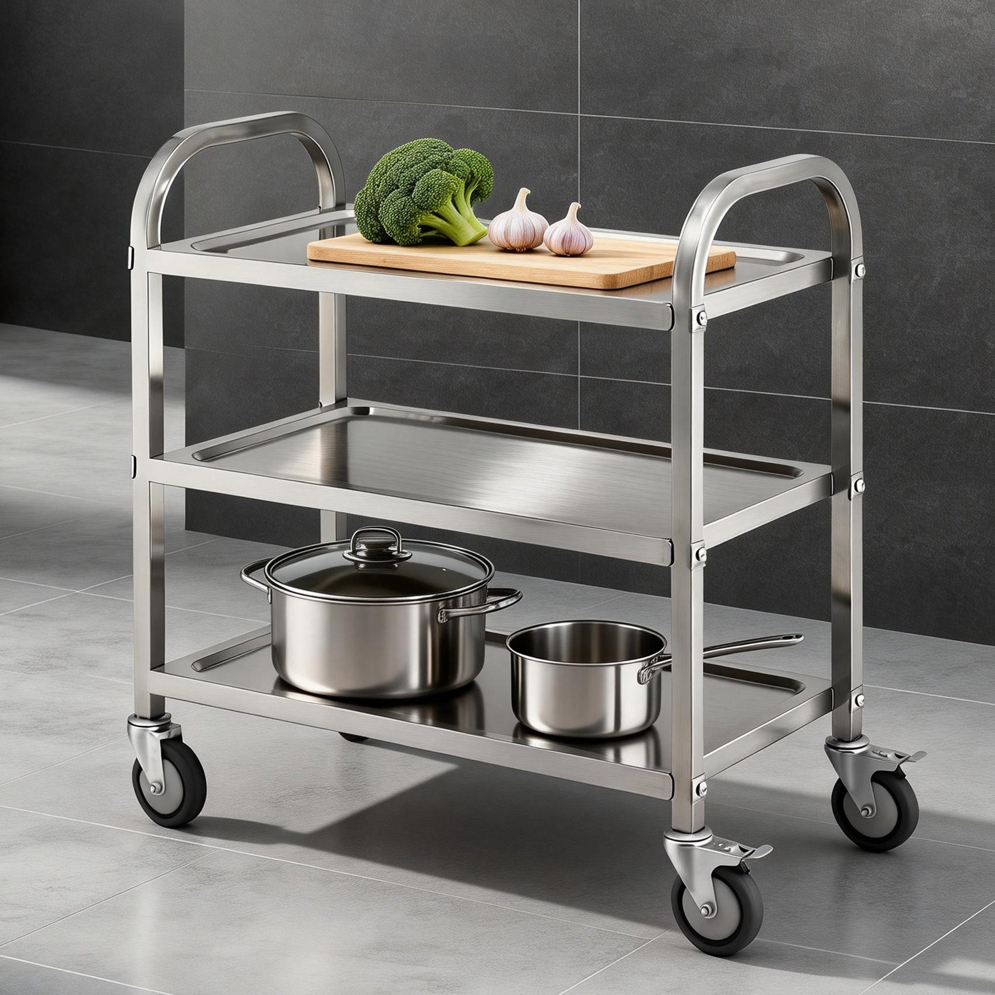Cefito 3-Tier Stainless Steel Kitchen Trolley with Wheels 89X50X83cm-Furniture > Dining > Kitchen Sinks-PEROZ Accessories