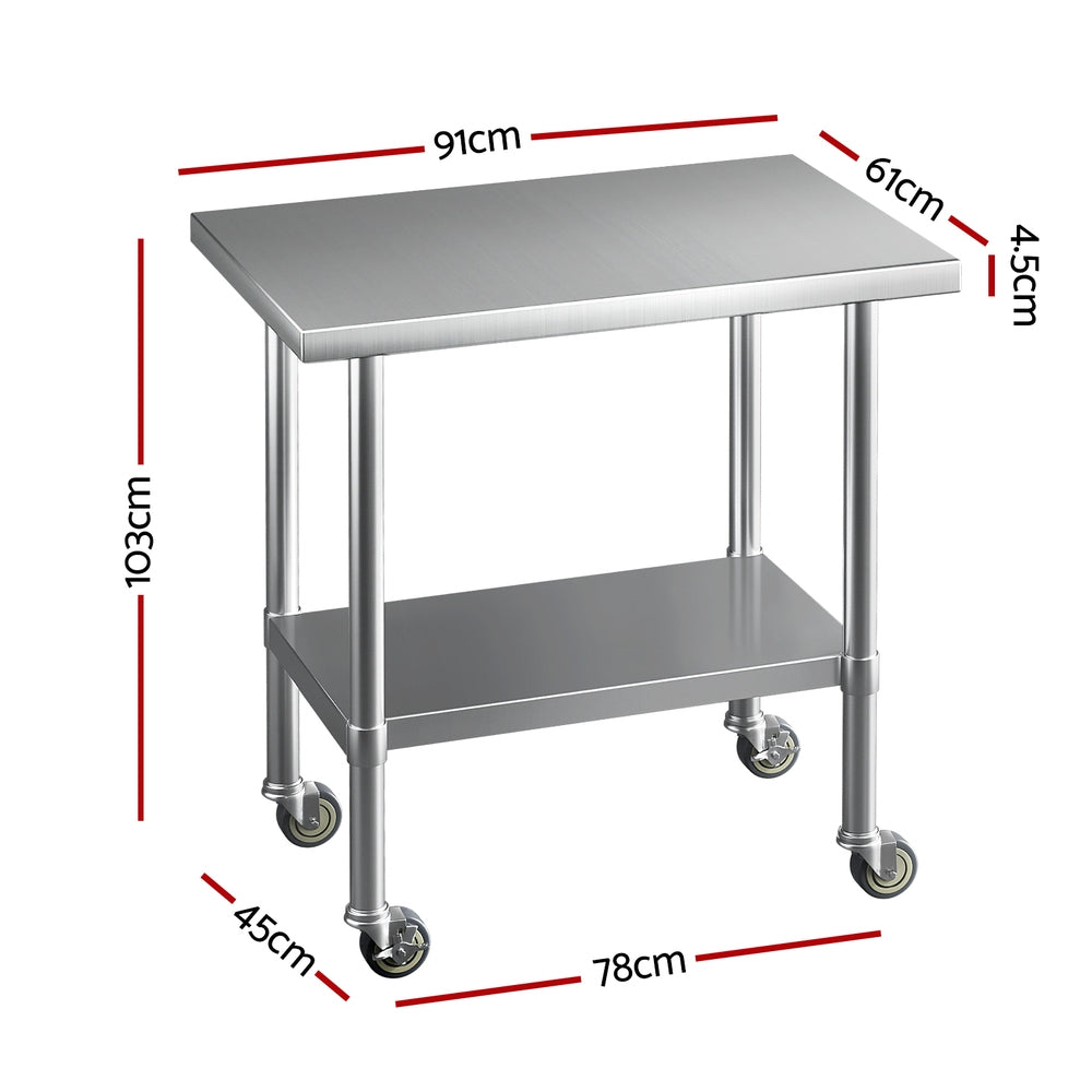 Cefito Stainless Steel Kitchen Benches Work Bench Wheels 91X61CM 430-Furniture &gt; Dining &gt; Kitchen Sinks-PEROZ Accessories