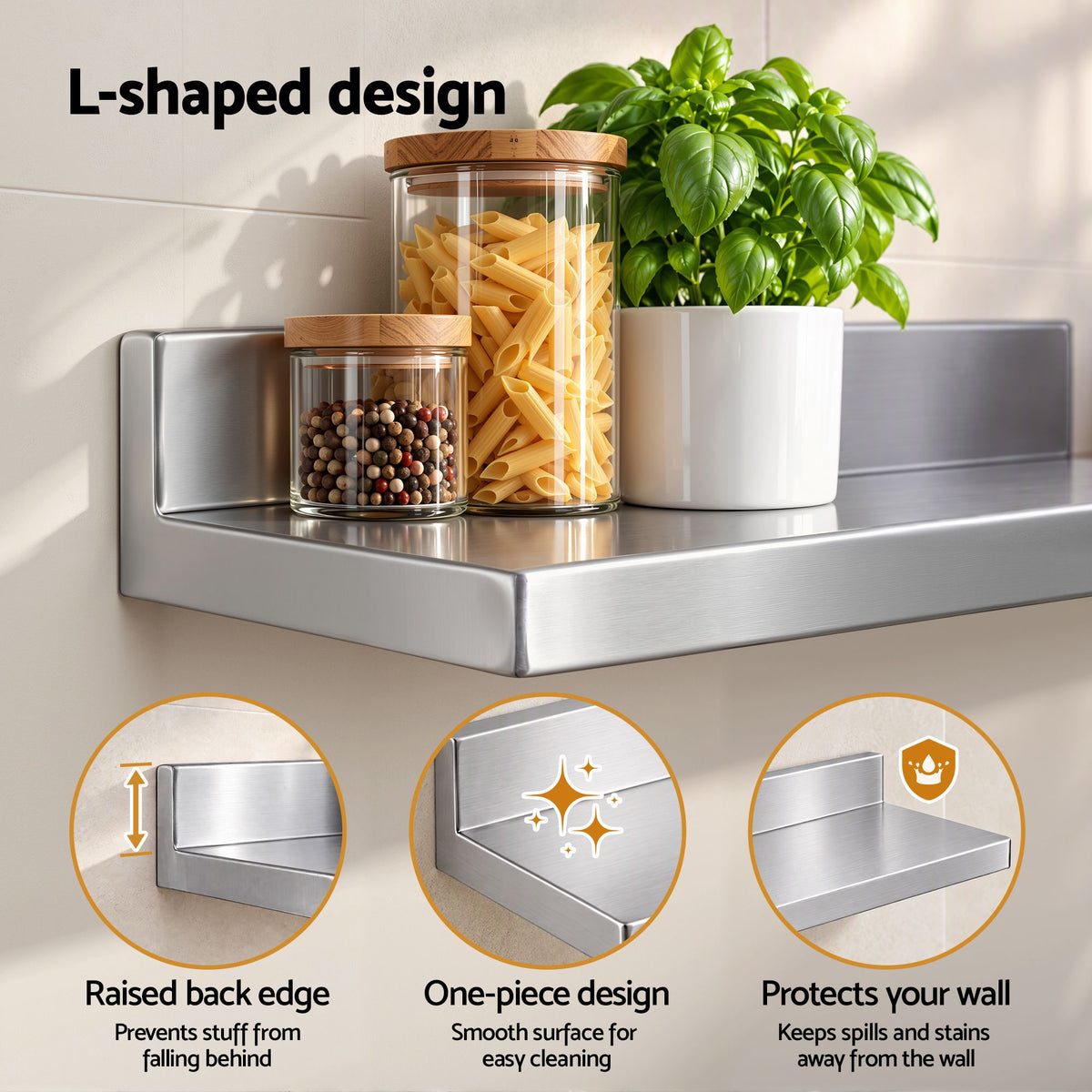 Cefito 610 x 220mm 430 Stainless Steel L-Shaped Kitchen Wall Shelf-Tools > Tools Storage > Wall Storage Racks-PEROZ Accessories