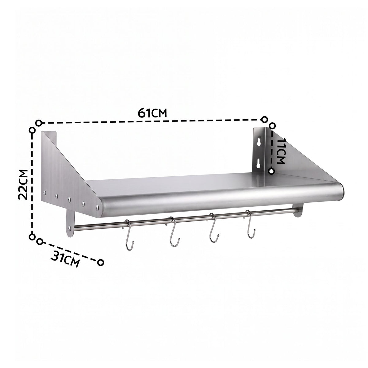 Cefito 610mm 430 Stainless Steel Wall Shelf with Hooks and Side Guards-Tools > Tools Storage > Wall Storage Racks-PEROZ Accessories
