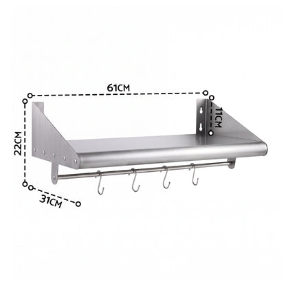 Cefito 610mm 430 Stainless Steel Wall Shelf with Hooks and Side Guards-Tools > Tools Storage > Wall Storage Racks-PEROZ Accessories