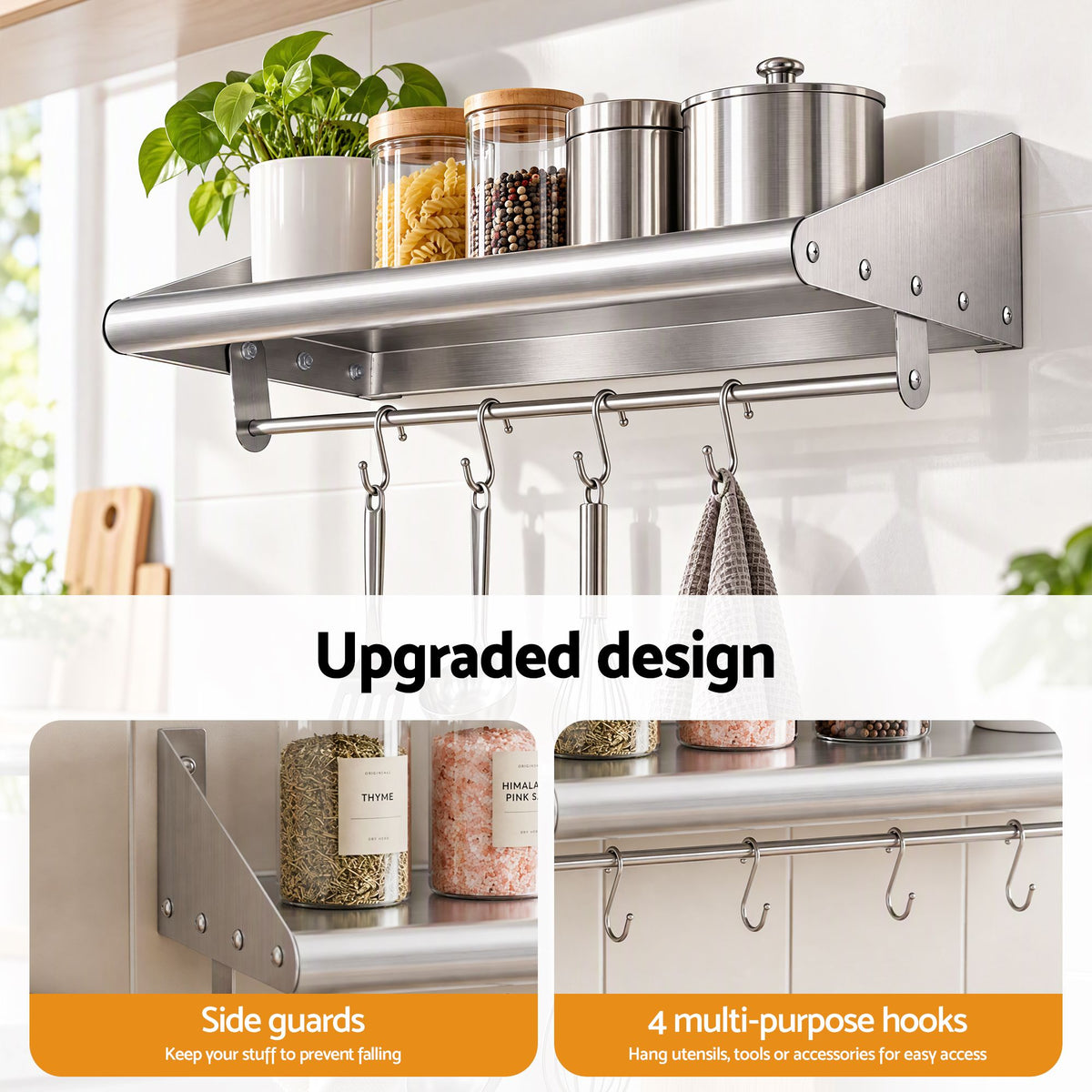 Cefito 610mm 430 Stainless Steel Wall Shelf with Hooks and Side Guards-Tools > Tools Storage > Wall Storage Racks-PEROZ Accessories