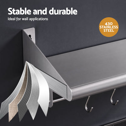 Cefito 610mm 430 Stainless Steel Wall Shelf with Hooks and Side Guards-Tools > Tools Storage > Wall Storage Racks-PEROZ Accessories