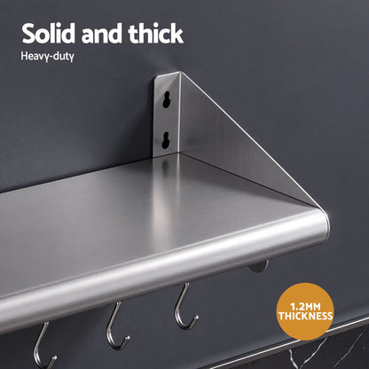 Cefito 610mm 430 Stainless Steel Wall Shelf with Hooks and Side Guards-Tools > Tools Storage > Wall Storage Racks-PEROZ Accessories