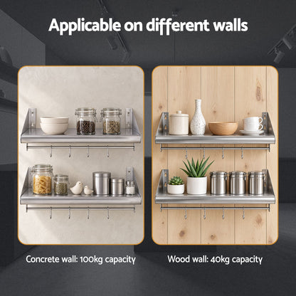 Cefito 610mm 430 Stainless Steel Wall Shelf with Hooks and Side Guards-Tools > Tools Storage > Wall Storage Racks-PEROZ Accessories