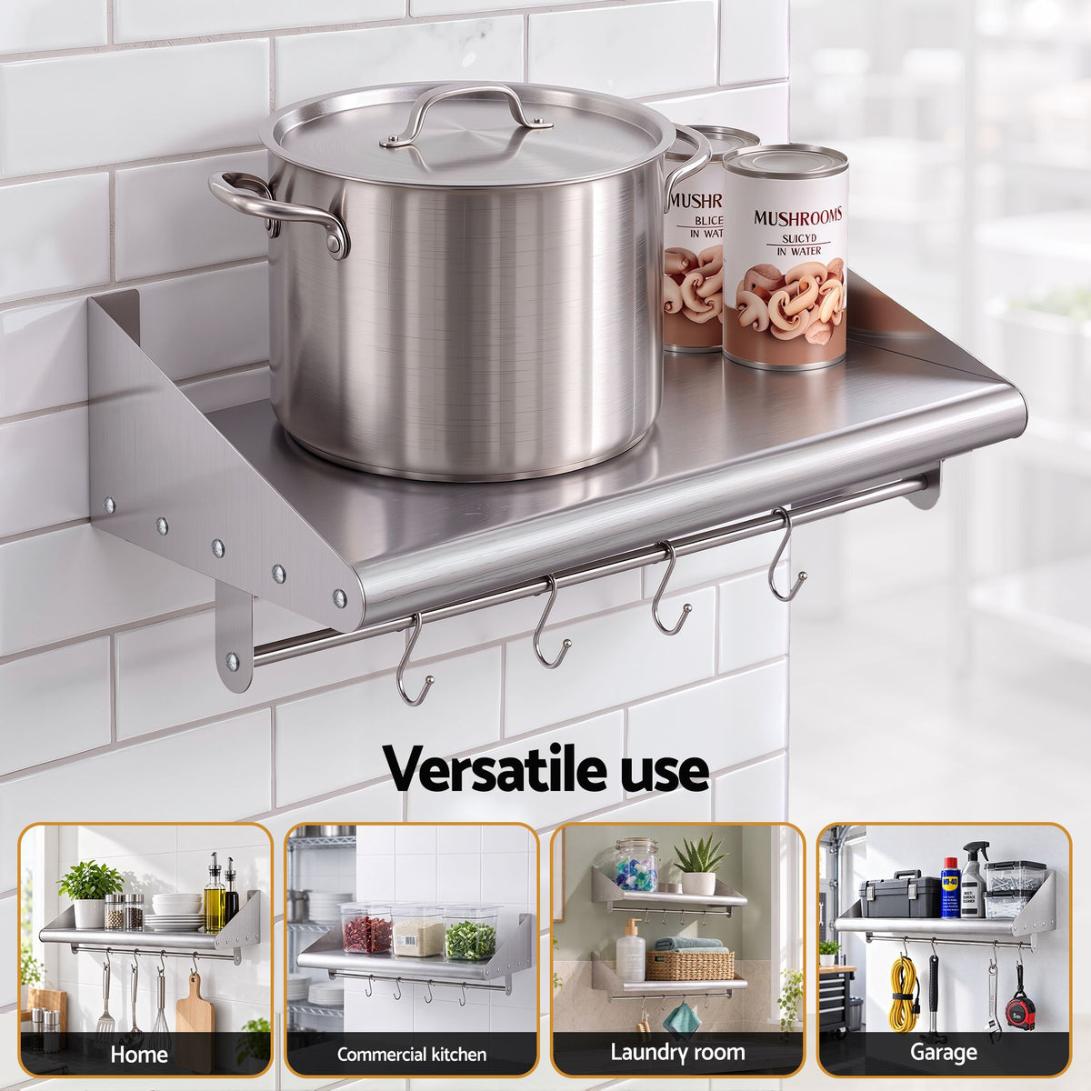 Cefito 610mm 430 Stainless Steel Wall Shelf with Hooks and Side Guards-Tools > Tools Storage > Wall Storage Racks-PEROZ Accessories