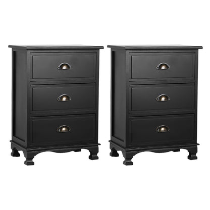 Artiss 2x Bedside Table 3 Drawers Vintage - THYME Black-Furniture &gt; Bedroom &gt; Bedside Tables-PEROZ Accessories