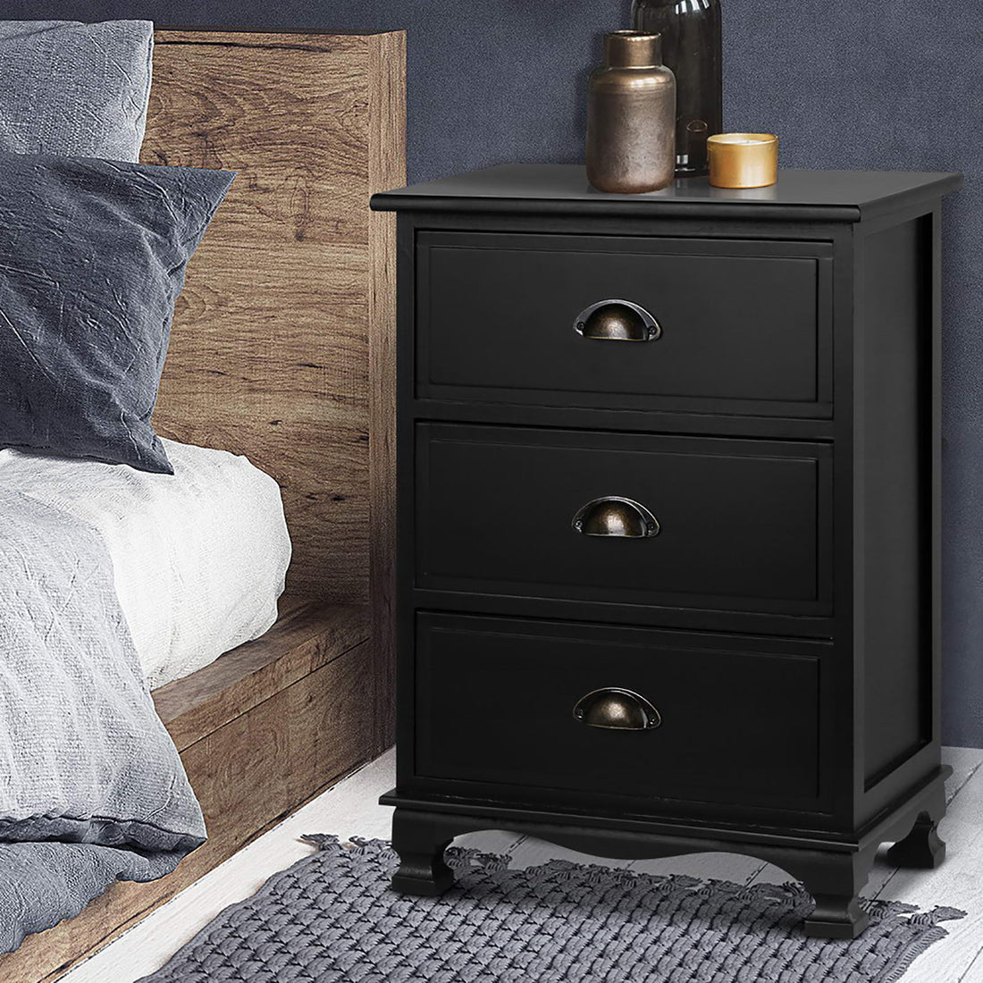 Artiss 2x Bedside Table 3 Drawers Vintage - THYME Black-Furniture &gt; Bedroom &gt; Bedside Tables-PEROZ Accessories