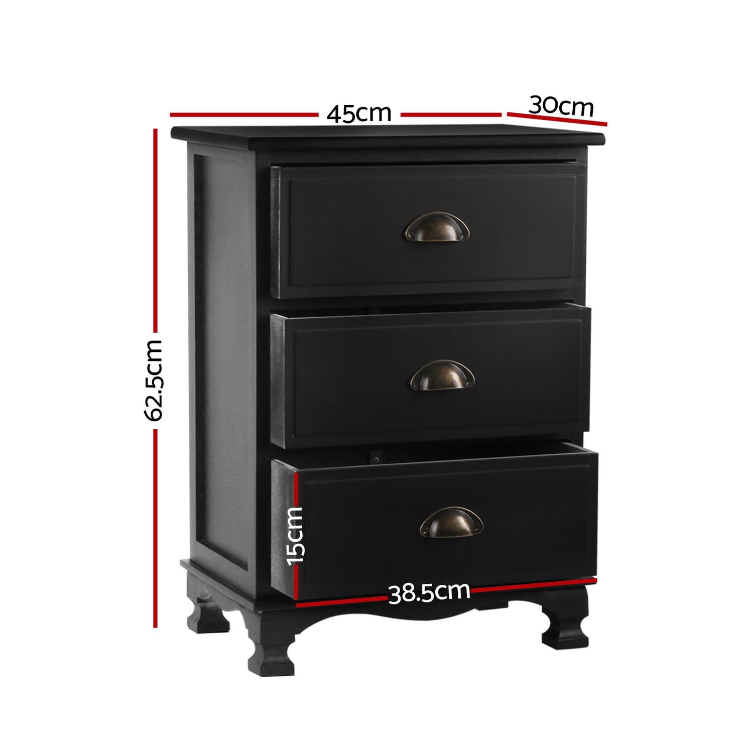 Artiss 2x Bedside Table 3 Drawers Vintage - THYME Black-Furniture &gt; Bedroom &gt; Bedside Tables-PEROZ Accessories