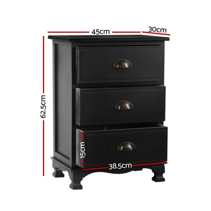 Artiss 2x Bedside Table 3 Drawers Vintage - THYME Black-Furniture &gt; Bedroom &gt; Bedside Tables-PEROZ Accessories