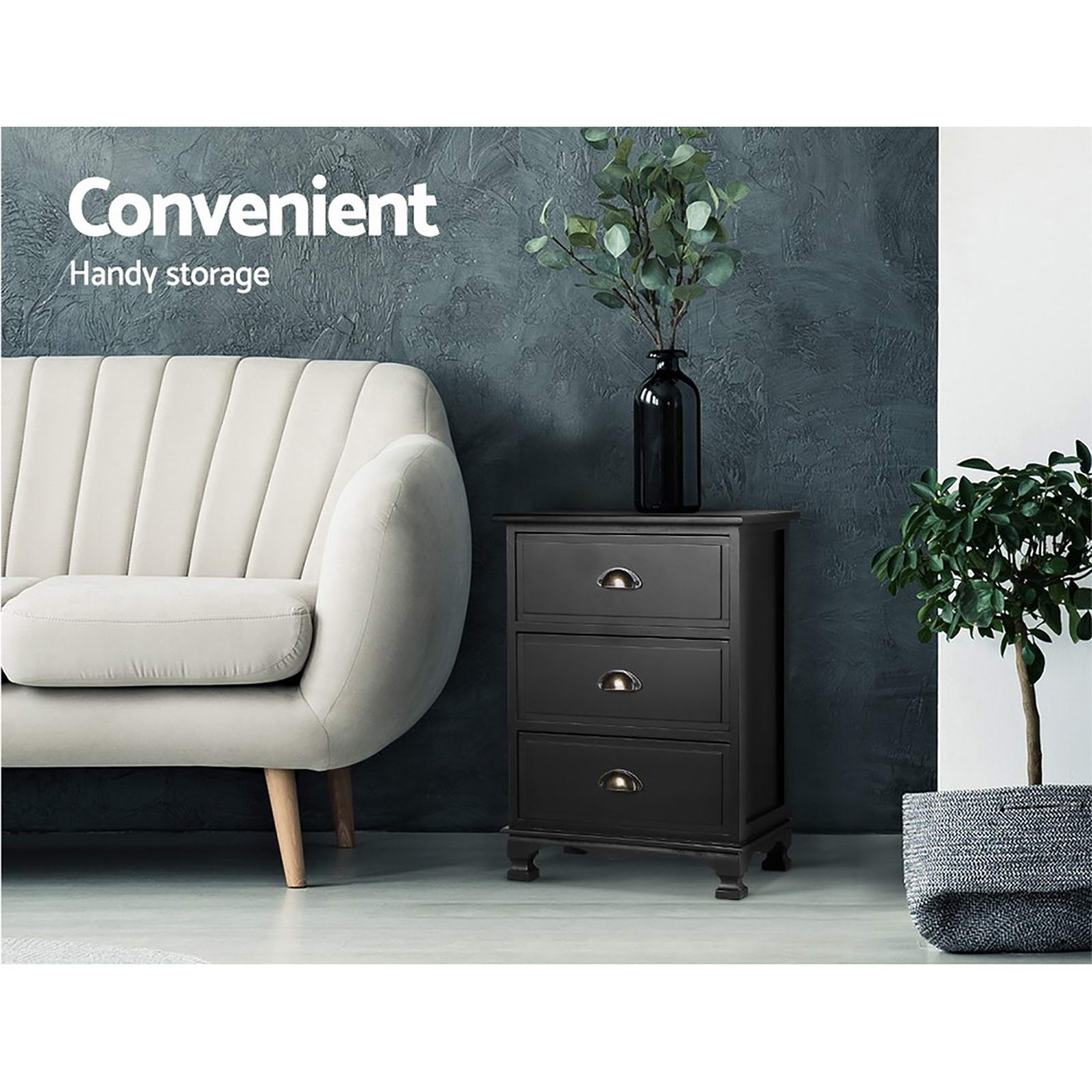 Artiss 2x Bedside Table 3 Drawers Vintage - THYME Black-Furniture &gt; Bedroom &gt; Bedside Tables-PEROZ Accessories