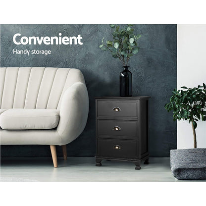 Artiss 2x Bedside Table 3 Drawers Vintage - THYME Black-Furniture &gt; Bedroom &gt; Bedside Tables-PEROZ Accessories