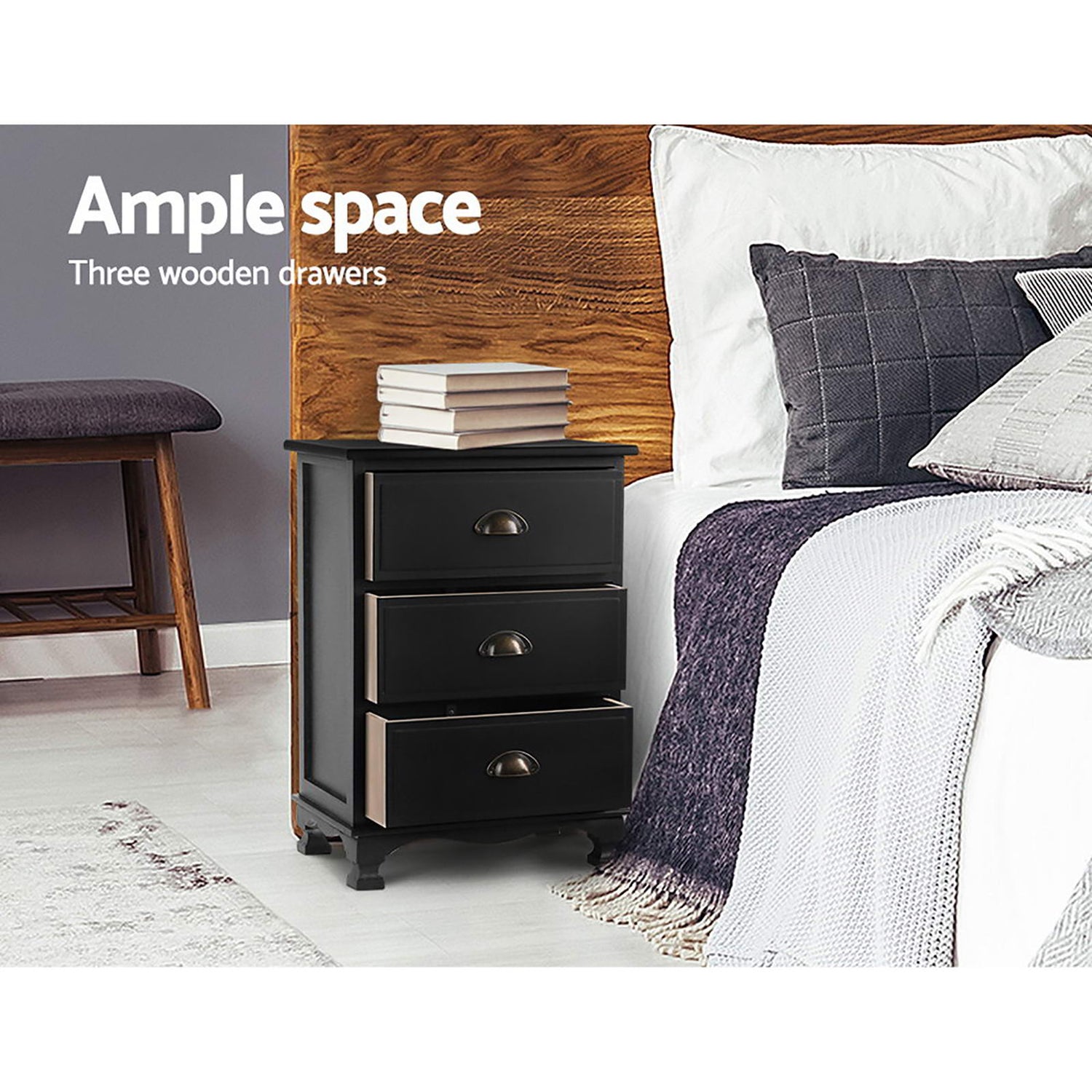 Artiss 2x Bedside Table 3 Drawers Vintage - THYME Black-Furniture &gt; Bedroom &gt; Bedside Tables-PEROZ Accessories
