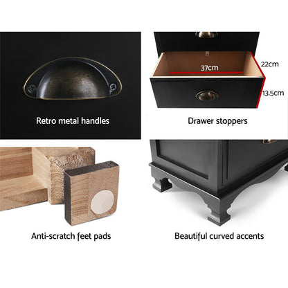 Artiss 2x Bedside Table 3 Drawers Vintage - THYME Black-Furniture &gt; Bedroom &gt; Bedside Tables-PEROZ Accessories