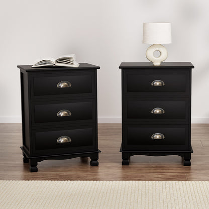 Artiss 2x Bedside Table 3 Drawers Vintage - THYME Black-Furniture &gt; Bedroom &gt; Bedside Tables-PEROZ Accessories