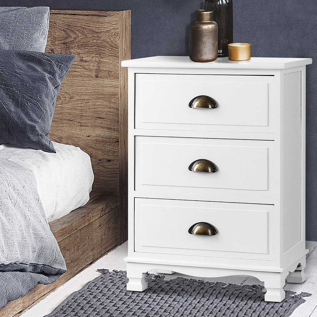 Artiss 2x Bedside Table 3 Drawers Vintage - THYME White-Furniture &gt; Bedroom &gt; Bedside Tables-PEROZ Accessories