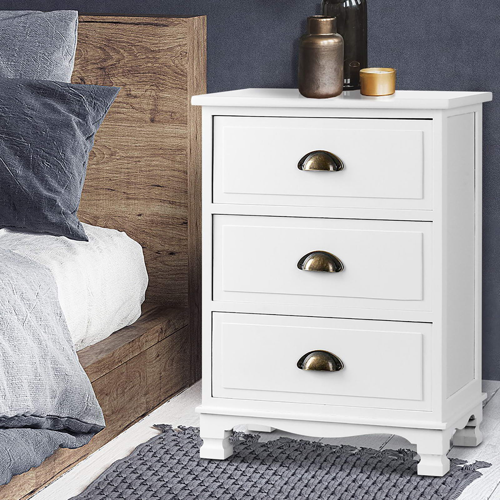 Artiss 2x Bedside Table 3 Drawers Vintage - THYME White-Furniture &gt; Bedroom &gt; Bedside Tables-PEROZ Accessories