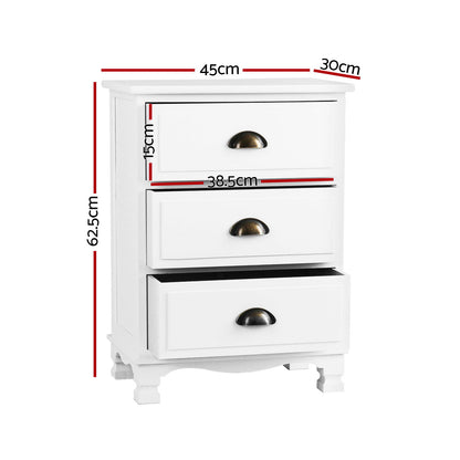 Artiss 2x Bedside Table 3 Drawers Vintage - THYME White-Furniture &gt; Bedroom &gt; Bedside Tables-PEROZ Accessories
