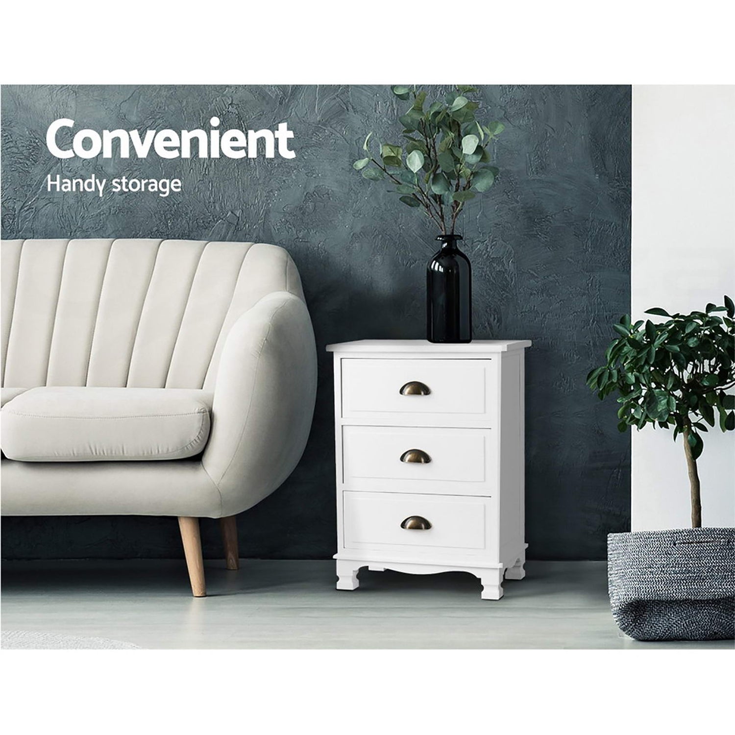 Artiss 2x Bedside Table 3 Drawers Vintage - THYME White-Furniture &gt; Bedroom &gt; Bedside Tables-PEROZ Accessories