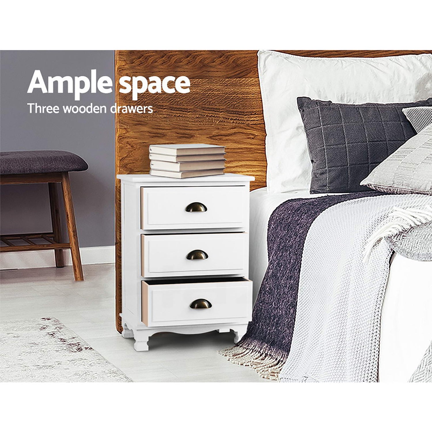 Artiss 2x Bedside Table 3 Drawers Vintage - THYME White-Furniture &gt; Bedroom &gt; Bedside Tables-PEROZ Accessories