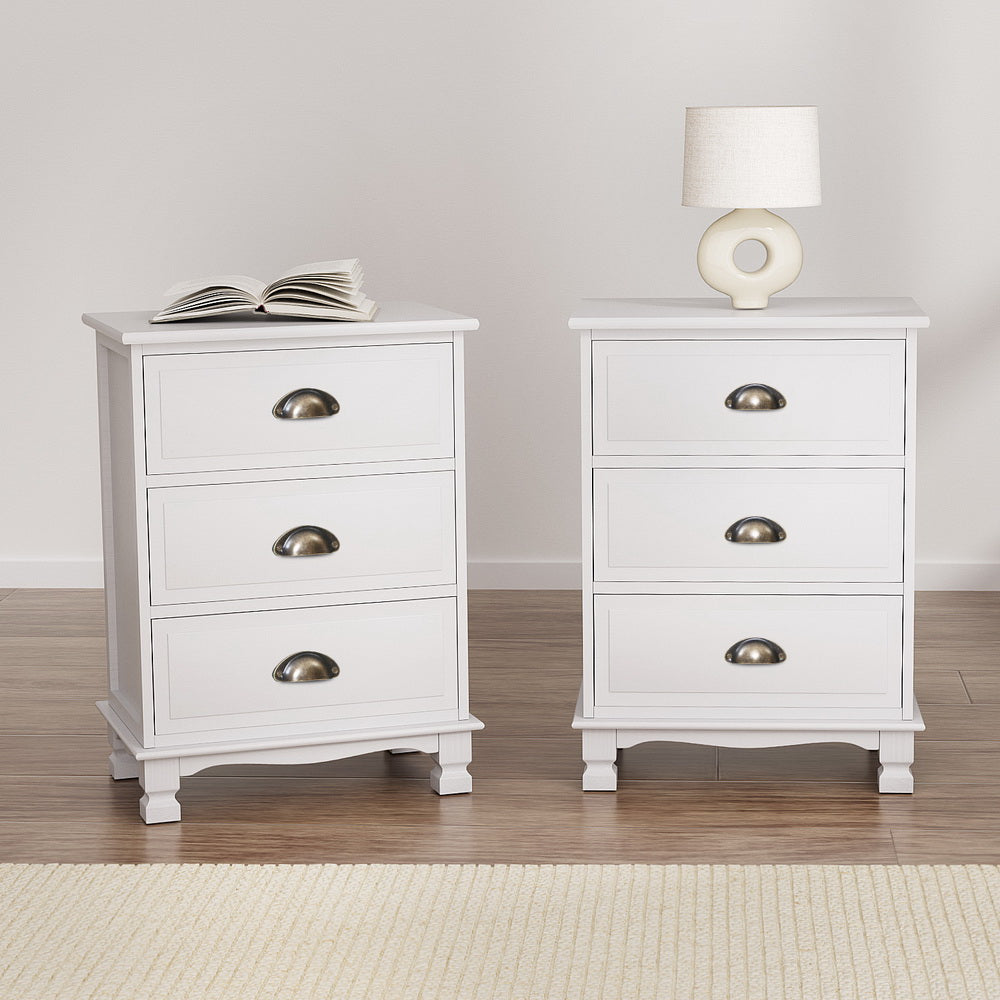 Artiss 2x Bedside Table 3 Drawers Vintage - THYME White-Furniture &gt; Bedroom &gt; Bedside Tables-PEROZ Accessories