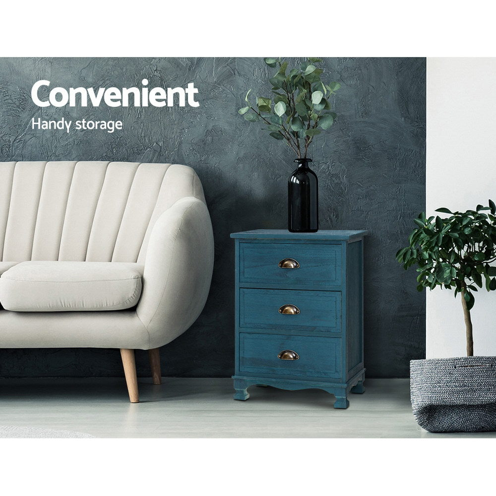 Artiss Bedside Table 3 Drawers Vintage - THYME Blue-Bedside Tables-PEROZ Accessories