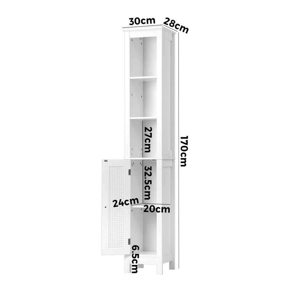 Oikiture Bathroom Cabinet Storage Laundry Tall Slim Cupboard Rattan Door White