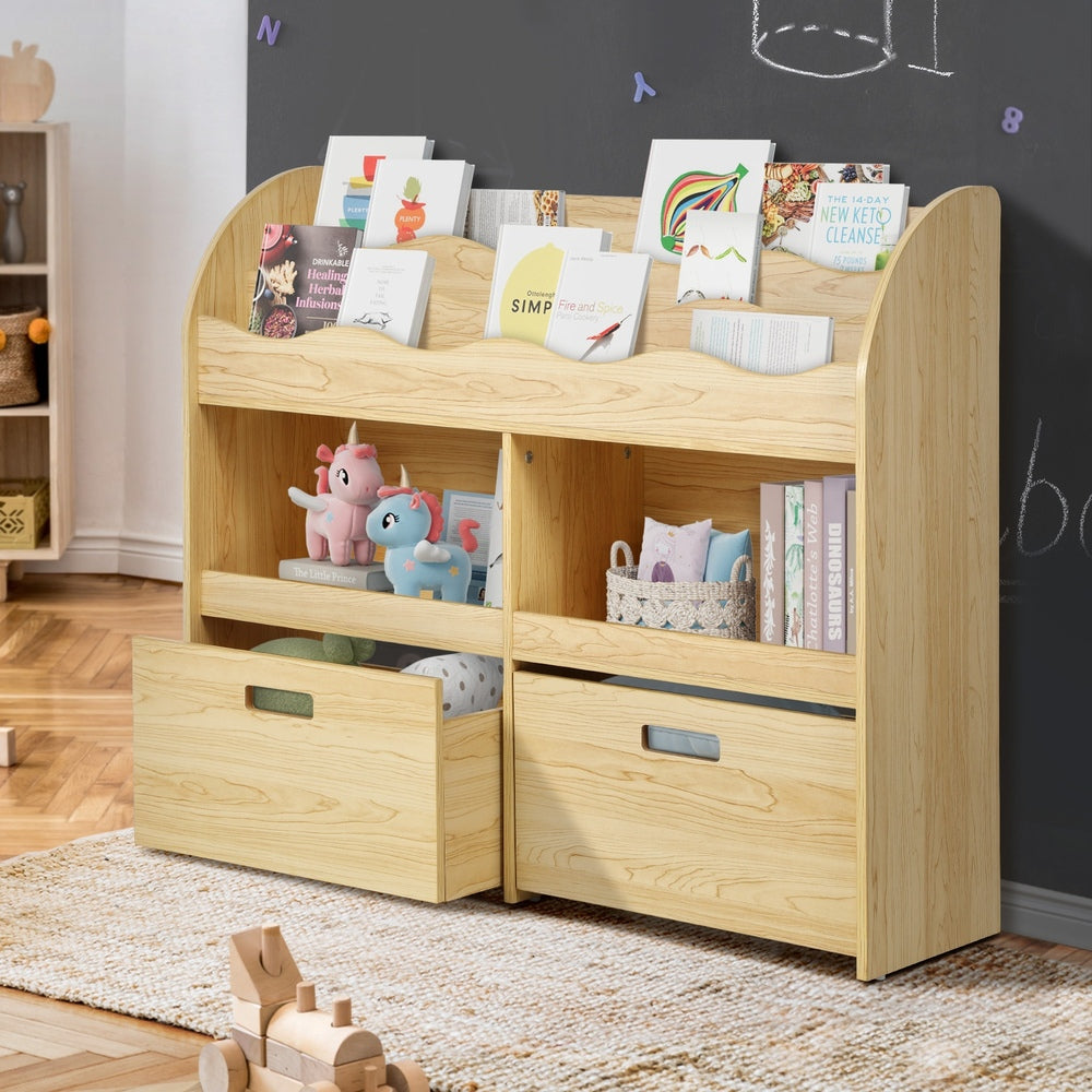 Oikiture Kids Bookshelf Toy Storage Box Organiser Display Shelf Natural-Kid Storage-PEROZ Accessories