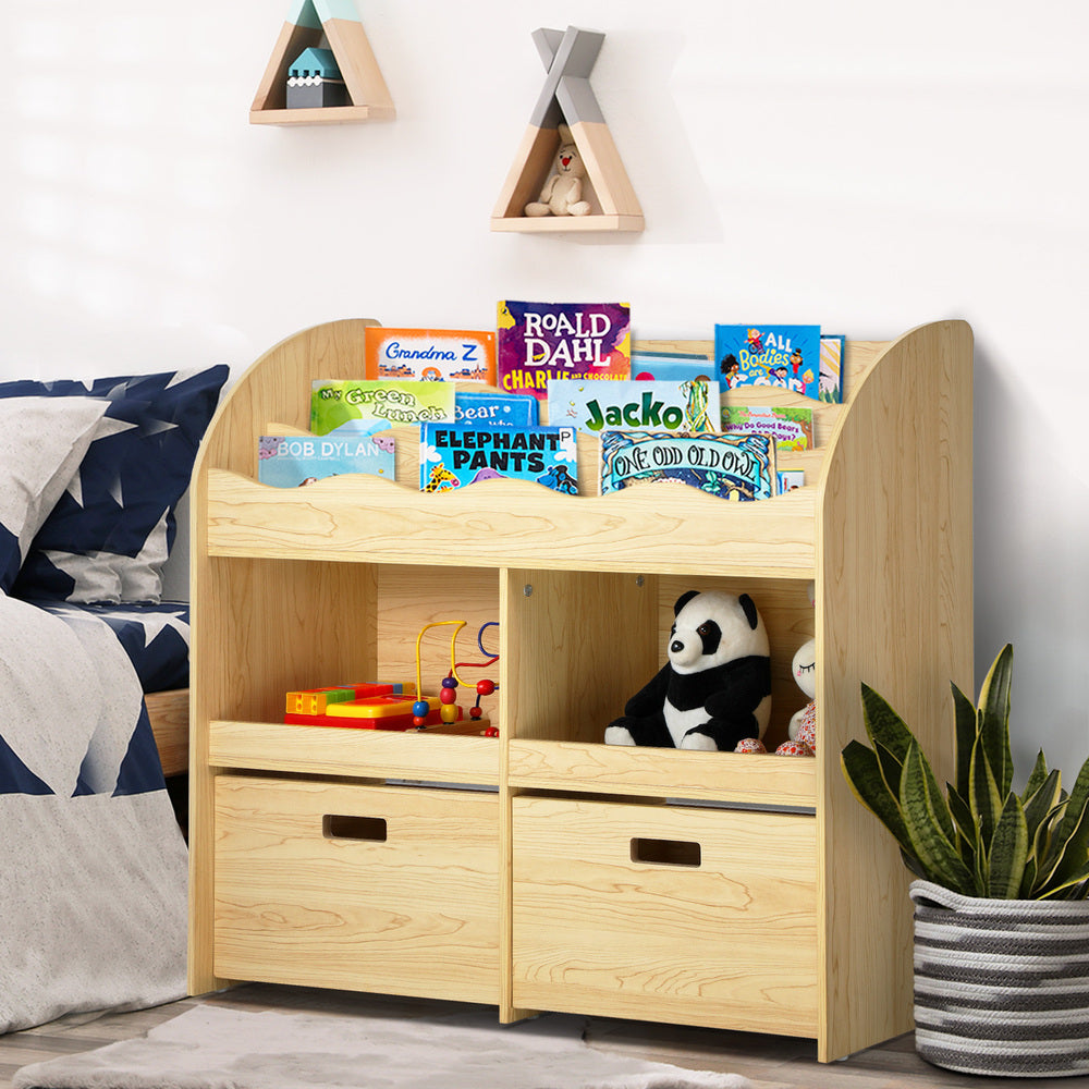 Oikiture Kids Bookshelf Toy Storage Box Organiser Display Shelf Natural-Kid Storage-PEROZ Accessories