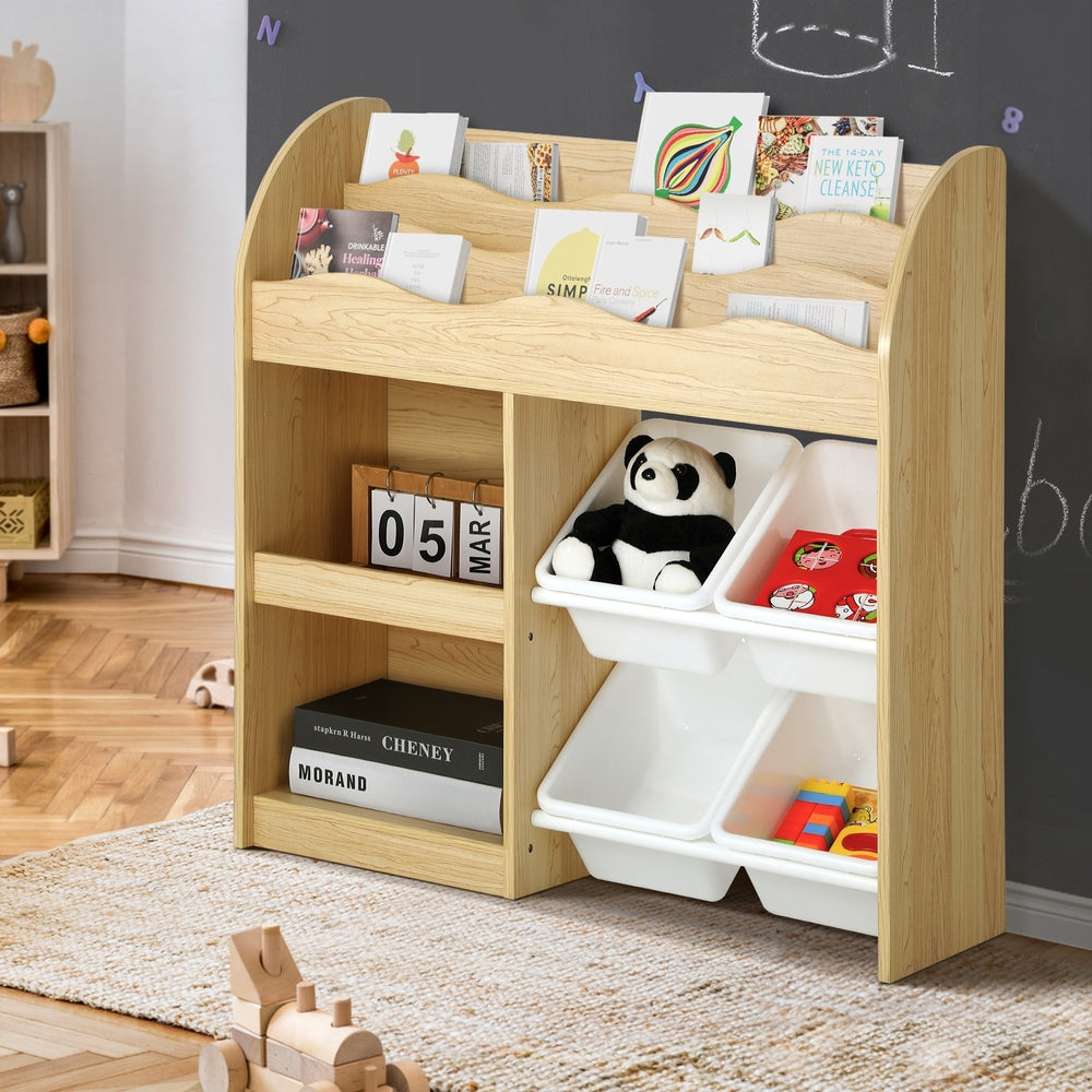 Oikiture Kids Bookshelf 4 Bins Toy Box Storage Organiser Display Shelf-Kid Storage-PEROZ Accessories
