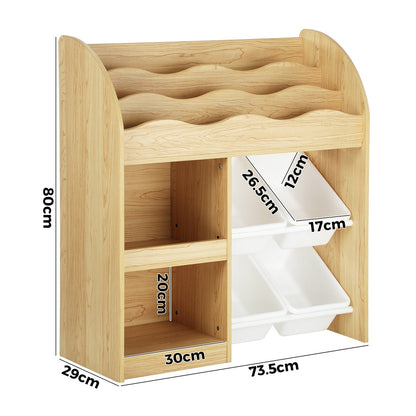 Oikiture Kids Bookshelf 4 Bins Toy Box Storage Organiser Display Shelf-Kid Storage-PEROZ Accessories