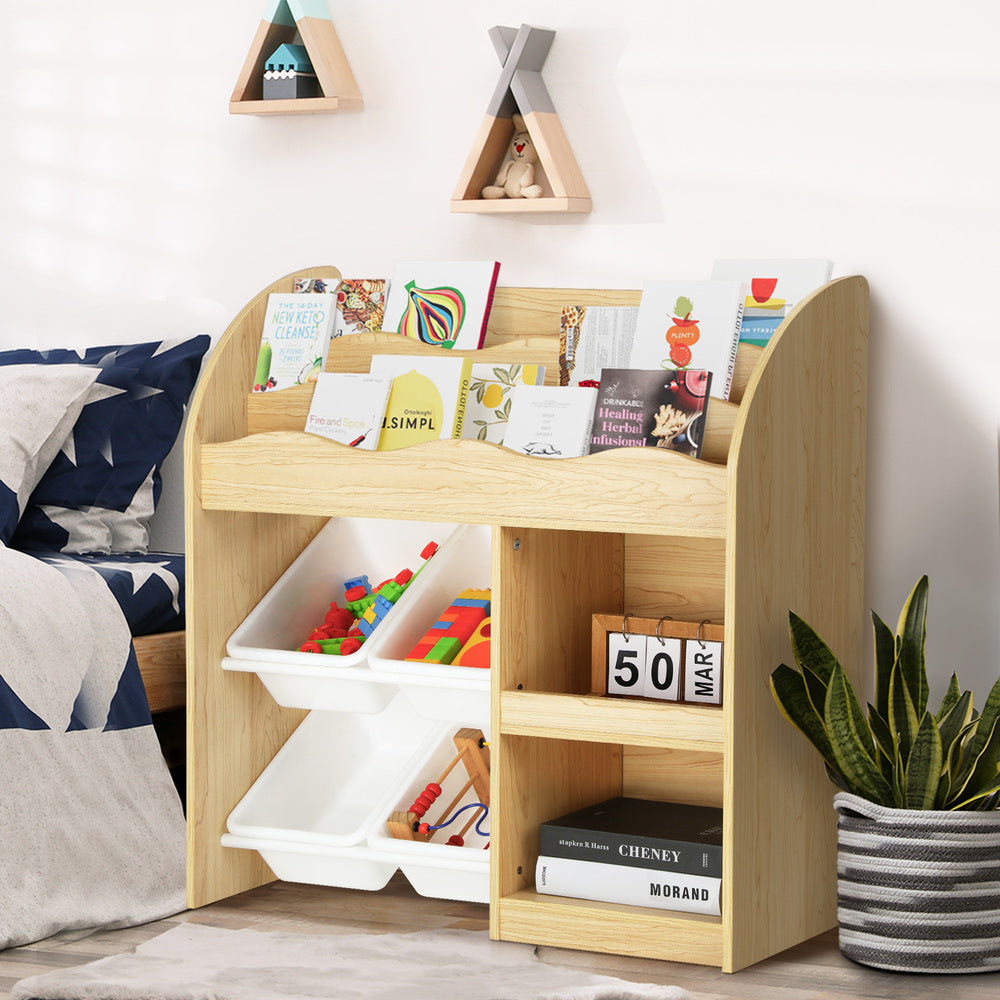 Oikiture Kids Bookshelf 4 Bins Toy Box Storage Organiser Display Shelf-Kid Storage-PEROZ Accessories