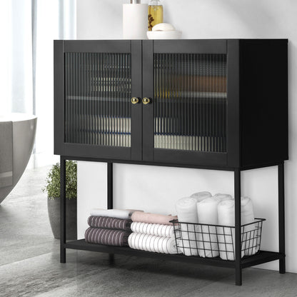 Oikiture Bathroom Cabinet Two Tempered Glass Door Black-Bathroom Cabinets-PEROZ Accessories