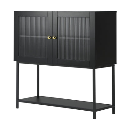 Oikiture Bathroom Cabinet Two Tempered Glass Door Black-Bathroom Cabinets-PEROZ Accessories