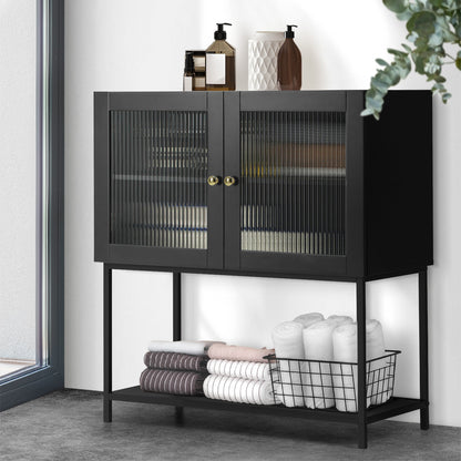 Oikiture Bathroom Cabinet Two Tempered Glass Door Black-Bathroom Cabinets-PEROZ Accessories